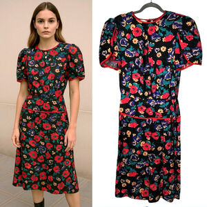 Flora Kung 10 Vintage 80's Floral SILK Peplum Dress Tulip Puff Sleeve Black Pink